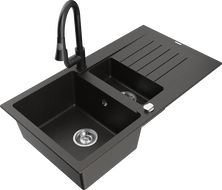 Mexen Matias granite sink 1.5-bowl with drainer and kitchen faucet Elia, black/gold metallic - 6502-75-670101-70