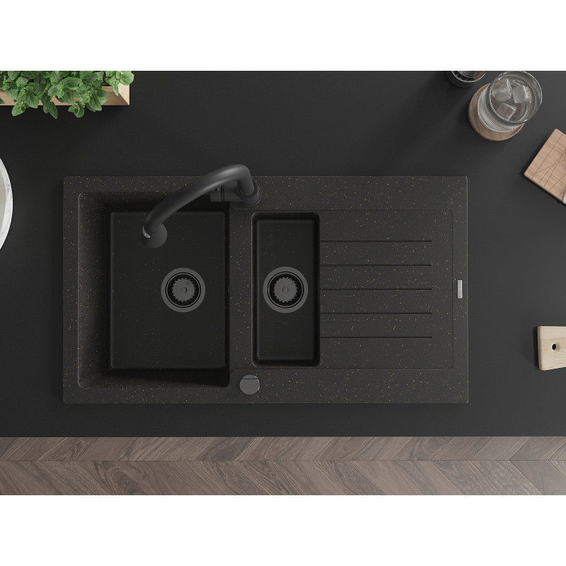 Mexen Matias Granite Sink 1.5-Bowl with Drainer and Elia Kitchen Tap, Black/Gold Metallic - 6502-75-670101-70-B