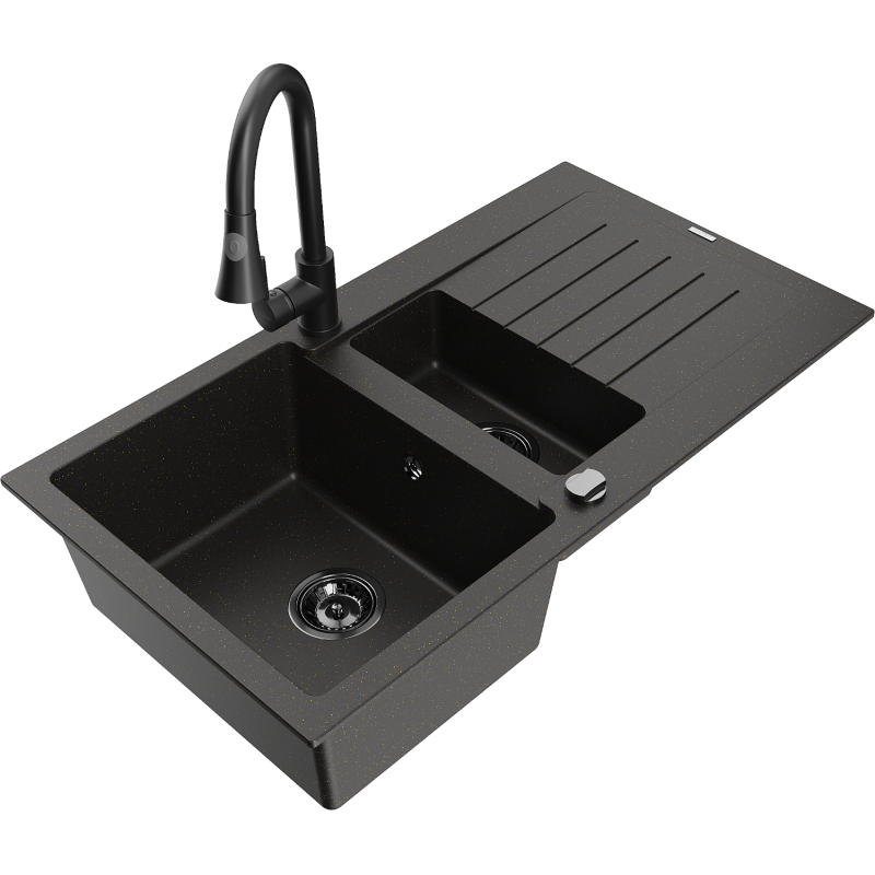 Mexen Matias Granite Sink 1.5-Bowl with Drainer and Elia Kitchen Tap, Black/Gold Metallic - 6502-75-670101-70-B