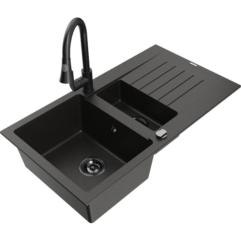 Mexen Matias granite sink 1.5-bowl with drainer and kitchen faucet Elia, black/gold metallic - 6502-75-670101-70-B