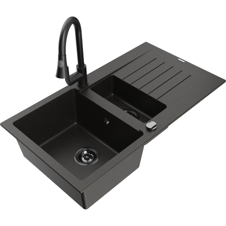 Mexen Matias 1.5 Bowl Granite Sink with Drainer and Elia Kitchen Faucet, Black/Gold Metallic - 6502-75-670101-70-B