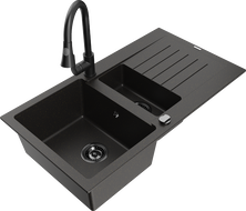 Mexen Matias 1.5 Bowl Granite Sink with Drainer and Elia Kitchen Faucet, Black/Gold Metallic - 6502-75-670101-70-B