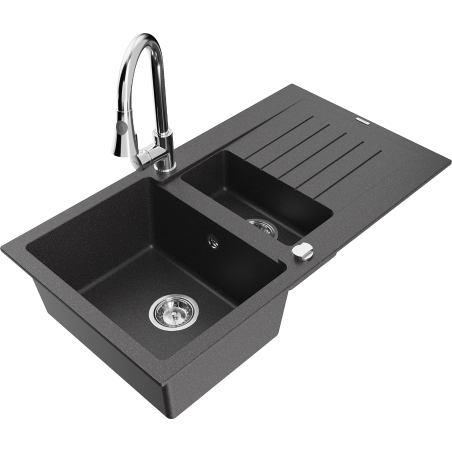 Mexen Matias granite sink 1.5-bowl with drainer and kitchen tap Elia, black speckled - 6502-76-670101-00