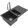 Mexen Matias granite sink 1.5-bowl with drainer and kitchen tap Elia, black speckled - 6502-76-670101-00