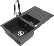 Mexen Matias granite sink 1.5-bowl with drainer and kitchen tap Elia, black speckled - 6502-76-670101-00