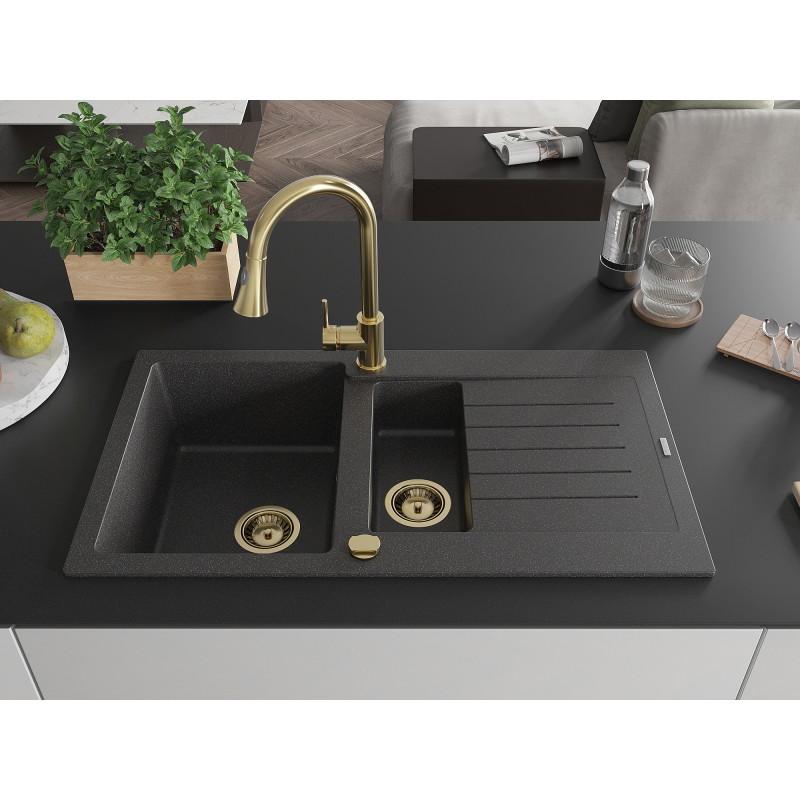 Mexen Matias granite sink 1.5-bowl with drainer and Elia kitchen faucet, speckled black - 6502-76-670101-50