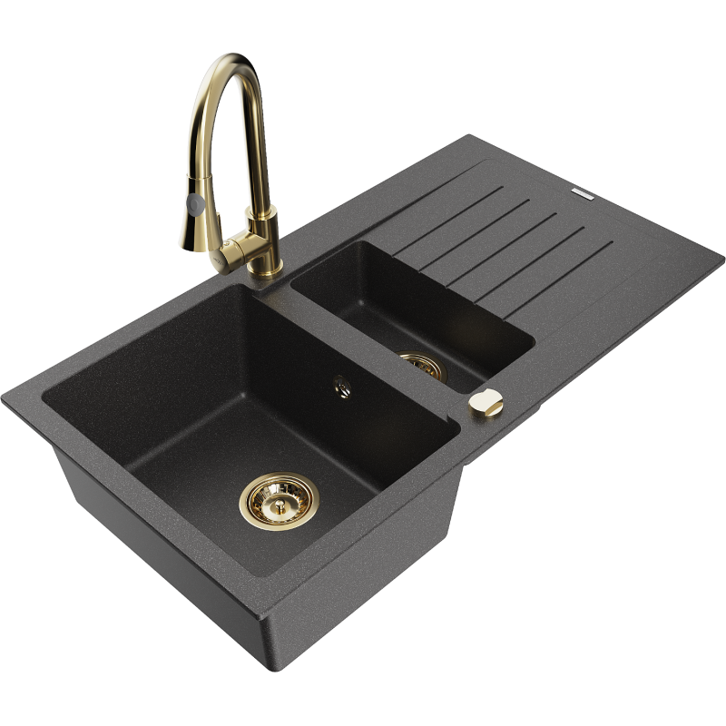 Mexen Matias 1.5-compartment granite sink with a drip tray and kitchen mixer tap Elia, spotted black - 6502-76-670101-50