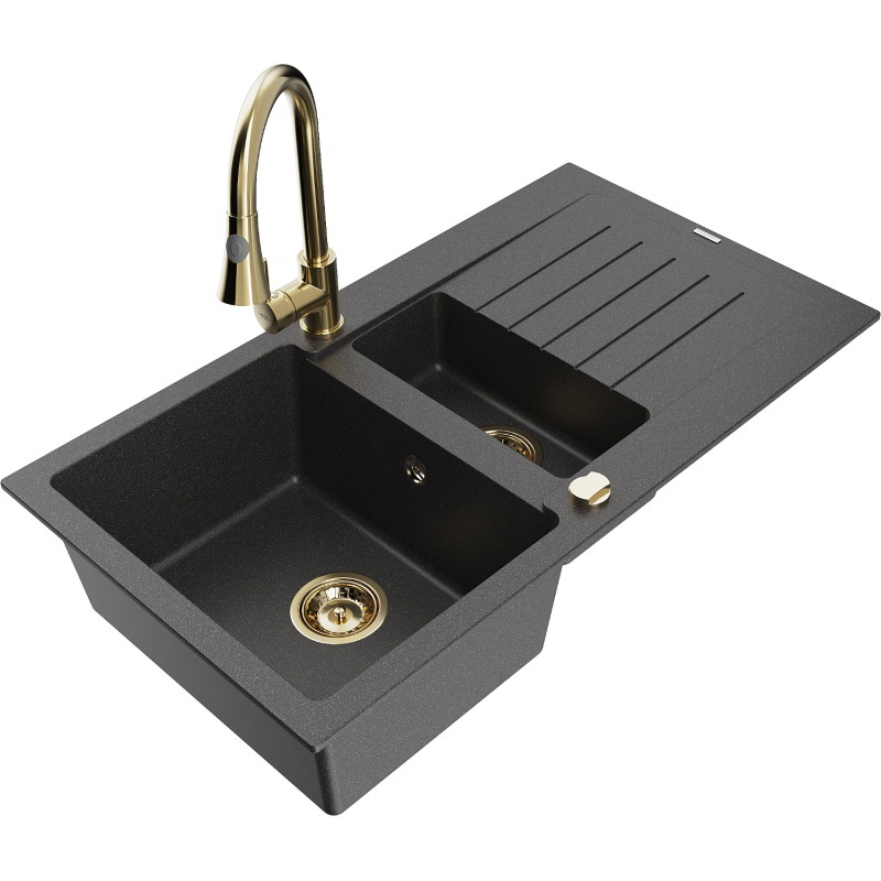 Mexen Matias granite sink 1.5-bowl with drainer and Elia kitchen faucet, speckled black - 6502-76-670101-50
