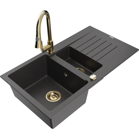 Mexen Matias granite sink 1.5-bowl with drainer and Elia kitchen faucet, speckled black - 6502-76-670101-50