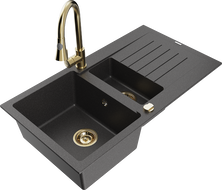 Mexen Matias 1.5-Bowl Granite Sink with Drainer and Kitchen Faucet Elia, Black Speckled - 6502-76-670101-50