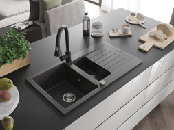 Mexen Matias granite sink 1.5-bowl with drainer and kitchen faucet Elia, black speckled - 6502-76-670101-70