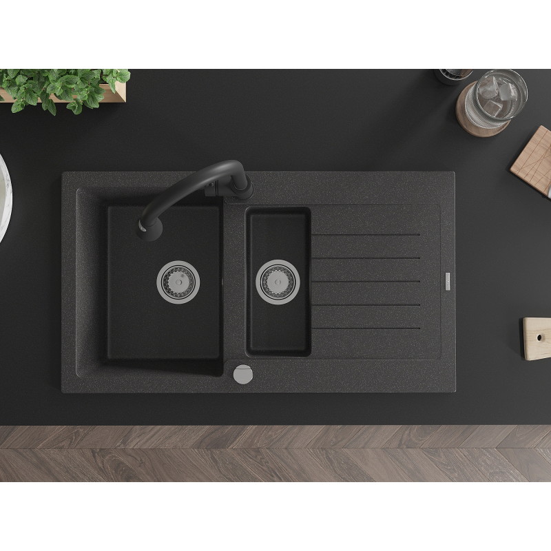 Mexen Matias granite sink 1.5-bowl with drainer and kitchen faucet Elia, black speckled - 6502-76-670101-70