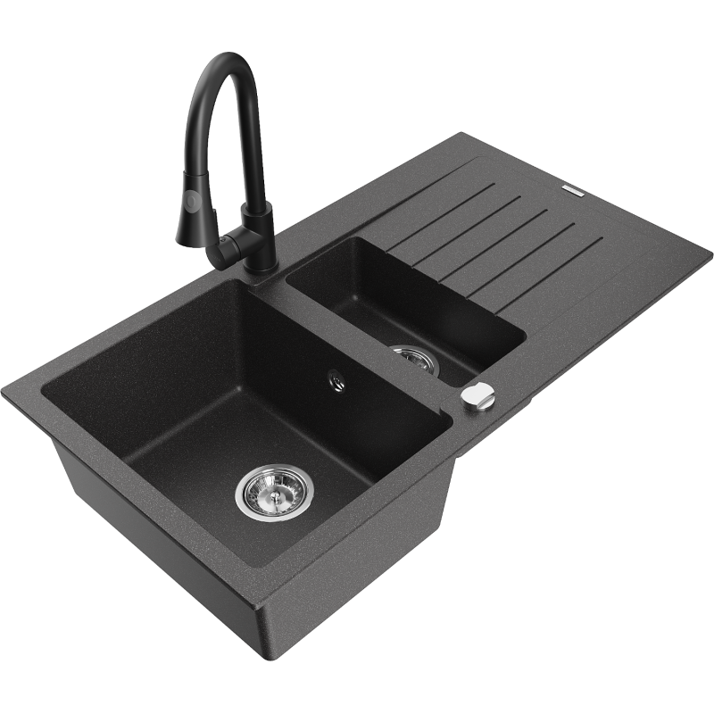 Mexen Matias 1.5-bowl granite sink with drainer and Elia kitchen tap, black speckled - 6502-76-670101-70