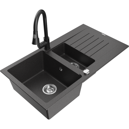 Mexen Matias 1.5-bowl granite sink with drainer and Elia kitchen tap, black speckled - 6502-76-670101-70