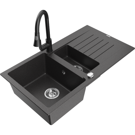 Mexen Matias granite sink 1.5-bowl with drainer and kitchen faucet Elia, black speckled - 6502-76-670101-70
