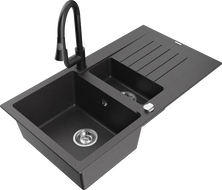 Mexen Matias granite sink 1.5-bowl with drainer and kitchen faucet Elia, black speckled - 6502-76-670101-70