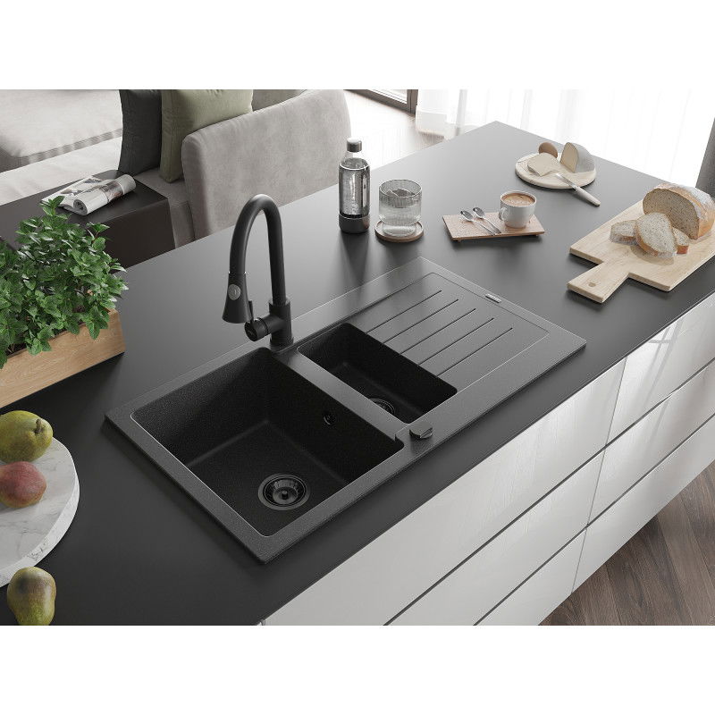 Mexen Matias granite kitchen sink 1.5-bowl with drainer and Elia kitchen tap, speckled black - 6502-76-670101-70-B