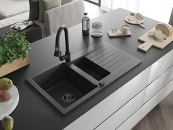 Mexen Matias granite kitchen sink 1.5-bowl with drainer and Elia kitchen tap, speckled black - 6502-76-670101-70-B