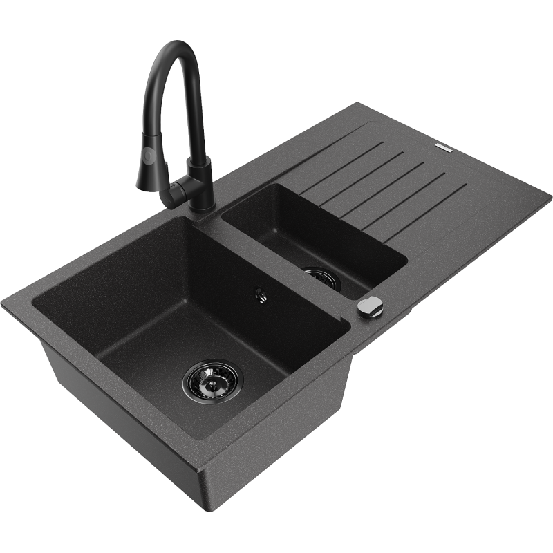Mexen Matias 1.5-compartment granite sink with a drip tray and kitchen mixer tap Elia, spotted black - 6502-76-670101-70-B