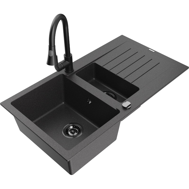 Mexen Matias granite sink 1.5-bowl with drainer and Elia kitchen faucet, black speckled - 6502-76-670101-70-B