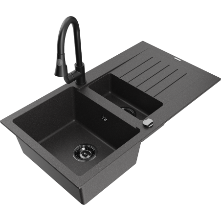 Mexen Matias granite sink 1.5-bowl with drainer and Elia kitchen faucet, black speckled - 6502-76-670101-70-B