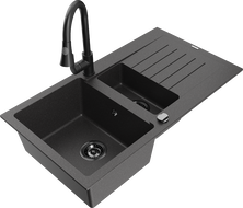 Mexen Matias granite kitchen sink 1.5-bowl with drainer and Elia kitchen tap, speckled black - 6502-76-670101-70-B