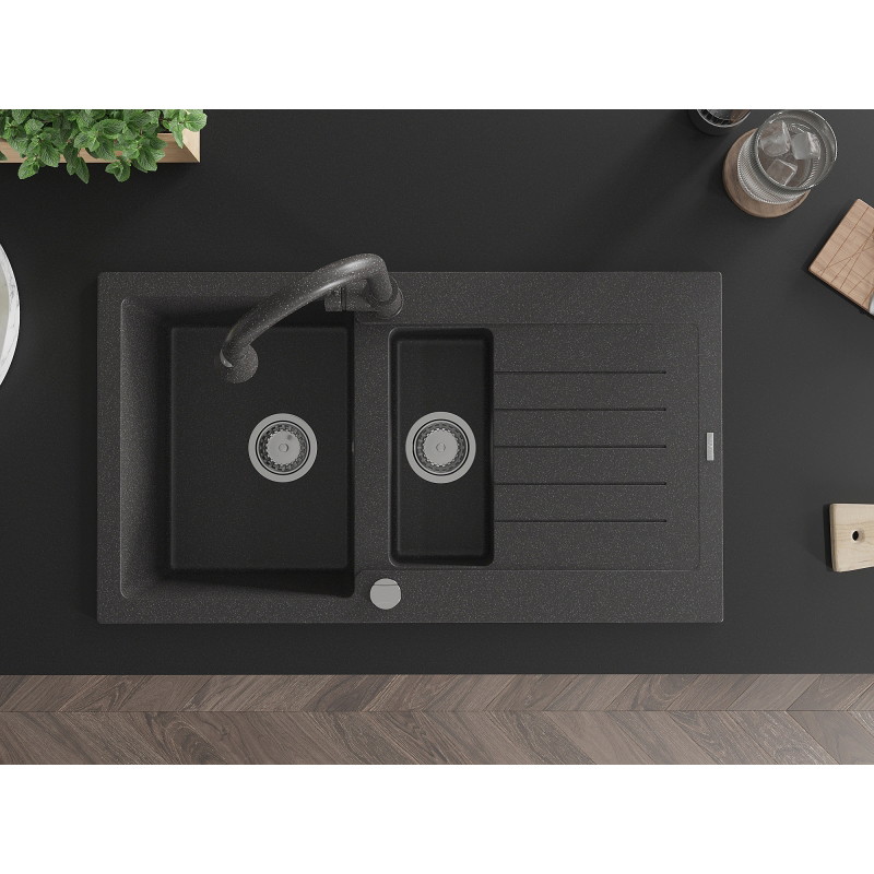 Mexen Matias granite kitchen sink 1.5-bowl with drainer and Elia kitchen faucet, black speckled - 6502-76-670101-76