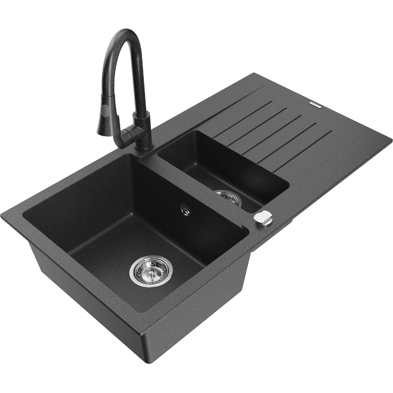 Mexen Matias 1.5-compartment granite sink with a drip tray and kitchen mixer tap Elia, spotted black - 6502-76-670101-76