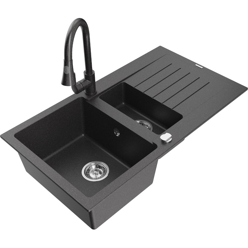Mexen Matias granite kitchen sink 1.5-bowl with drainer and Elia kitchen faucet, black speckled - 6502-76-670101-76