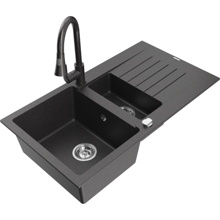 Mexen Matias granite kitchen sink 1.5-bowl with drainer and Elia kitchen faucet, black speckled - 6502-76-670101-76
