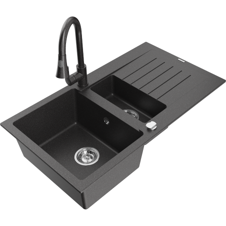Mexen Matias granite sink 1.5-bowl with drainer and Elia kitchen tap, black speckled - 6502-76-670101-76