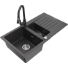 Mexen Matias granite kitchen sink 1.5-bowl with drainer and Elia kitchen faucet, black speckled - 6502-76-670101-76