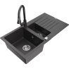 Mexen Matias granite sink 1.5-bowl with drainer and Elia kitchen faucet, speckled black - 6502-76-670101-76