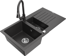 Mexen Matias granite sink 1.5-bowl with drainer and Elia kitchen faucet, speckled black - 6502-76-670101-76