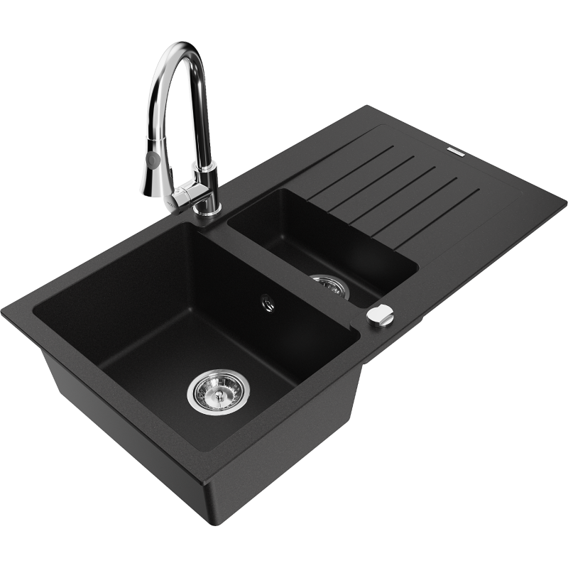 Mexen Matias 1.5-compartment granite sink with a drip tray and kitchen mixer tap Elia, Black - 6502-77-670101-00