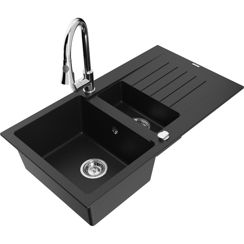 Mexen Matias granite kitchen sink 1.5-bowl with drainer and Elia kitchen faucet, black - 6502-77-670101-00