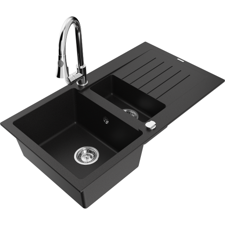Mexen Matias 1.5-compartment granite sink with a drip tray and kitchen mixer tap Elia, Black - 6502-77-670101-00