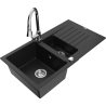 Mexen Matias granite kitchen sink 1.5-bowl with drainer and Elia faucet, black - 6502-77-670101-00