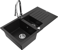Mexen Matias granite kitchen sink 1.5-bowl with drainer and Elia faucet, black - 6502-77-670101-00