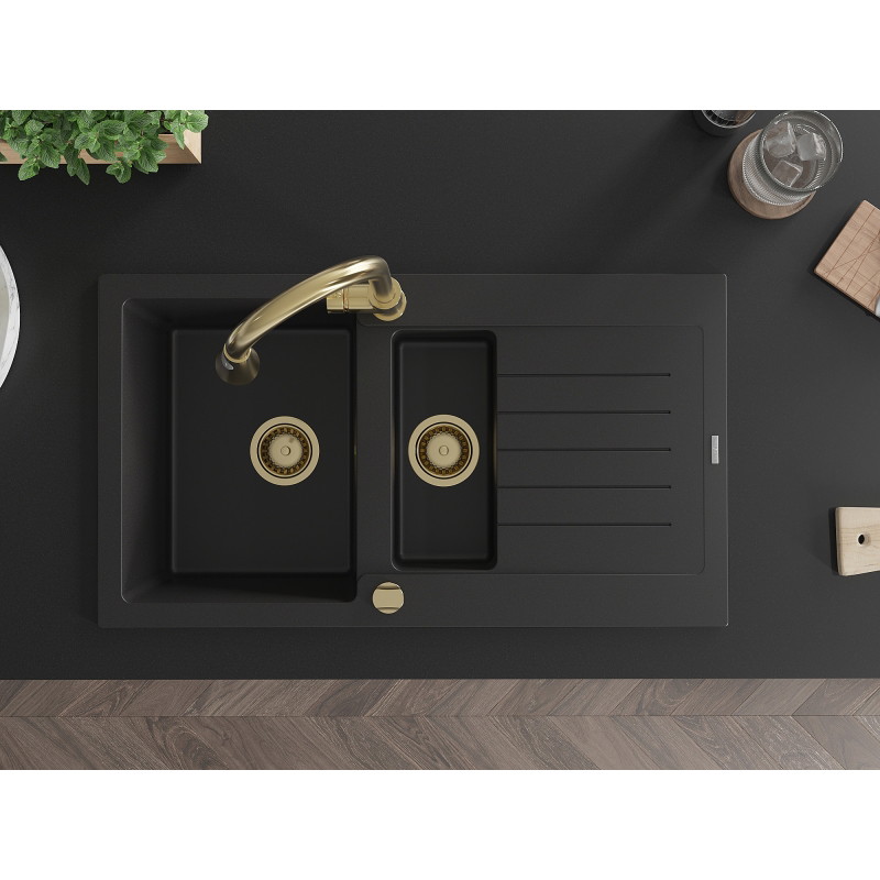 Mexen Matias granite sink 1.5-bowl with drainer and Elia kitchen faucet, black - 6502-77-670101-50