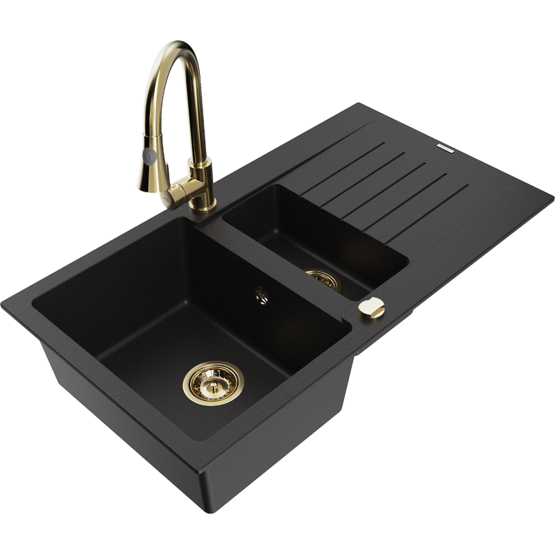 Mexen Matias 1.5-compartment granite sink with a drip tray and kitchen mixer tap Elia, Black - 6502-77-670101-50