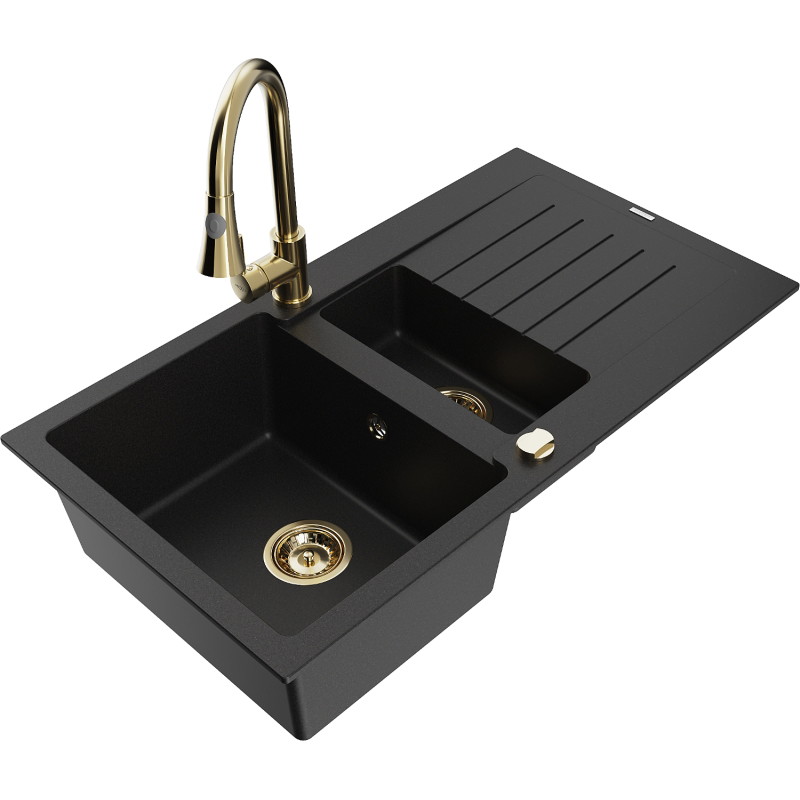 Mexen Matias granite kitchen sink 1.5-bowl with drainer and Elia kitchen faucet, black - 6502-77-670101-50