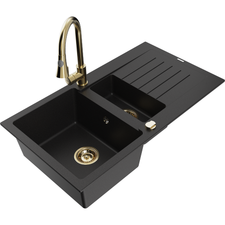 Mexen Matias 1.5-compartment granite sink with a drip tray and kitchen mixer tap Elia, Black - 6502-77-670101-50