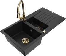 Mexen Matias granite kitchen sink 1.5-bowl with drainer and Elia kitchen faucet, black - 6502-77-670101-50