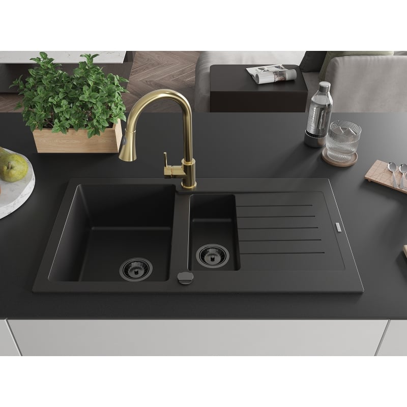 Mexen Matias 1.5-bowl granite sink with drainer and Elia kitchen faucet, black - 6502-77-670101-50-B