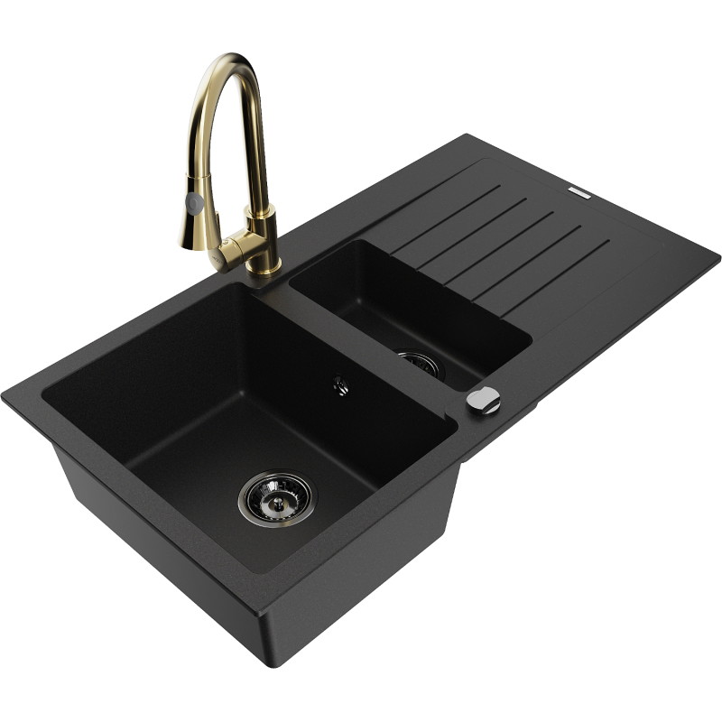 Mexen Matias 1.5-bowl granite sink with drainer and Elia kitchen faucet, black - 6502-77-670101-50-B