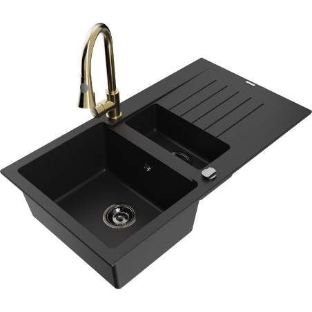 Mexen Matias 1.5-compartment granite sink with a drip tray and kitchen mixer tap Elia, Black - 6502-77-670101-50-B
