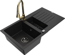 Mexen Matias 1.5-bowl granite sink with drainer and Elia kitchen faucet, black - 6502-77-670101-50-B
