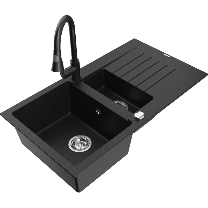 Mexen Matias 1.5-compartment granite sink with a drip tray and kitchen mixer tap Elia, Black - 6502-77-670101-70