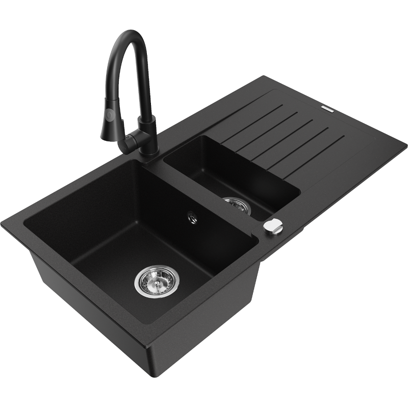 Mexen Matias granite sink 1.5-bowl with drainer and Elia kitchen tap, black - 6502-77-670101-70
